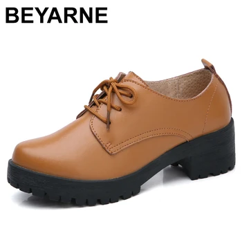 BEYARNEspring rudens sieviešu kurpes īstas ādas pusi mežģīnes papēži gadījuma kurpes Sieviešu Kārtas toe platformas kurpes L010