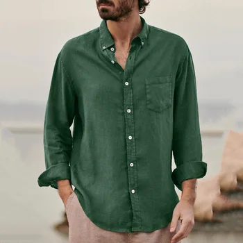 Ir 2021. Jaunu Modes Vīriešu garām Piedurknēm Cieto Krekli Ikdienas Buttoned Savukārt Apkakle Krekls Rudens Vasaras Vintage Vīriešu Jaka Topi