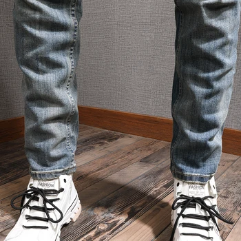 Itālijas Vintage Modes Vīriešu Džinsi Retro Zila, Elastīga, Pieguļoša Iznīcināta Ripped Džinsi Vīriešiem Streetwear Hip Hop Džinsa Bikses Punk