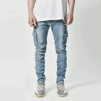 Vīriešu kravas gadījuma džinsi bikses slim fit sānu kabatas Taisnas džinsa bikses Streetwear Hip hop džinsi vīriešiem