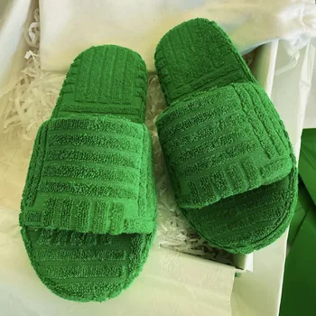 Luksusa Zīmolu Zaļā čības platforma, Pūkains Čības Komfortu Mūļu Sieviešu Flip Flops modes ziemas rudens kurpes sieviešu kurpes