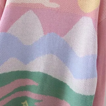 XEASY ir 2021. Jaunā Sieviešu Vintage Apaļu Kakla Rozā Ainavu Krāsas Gudrs Džemperis Meitene Salds Ikdienas Džemperis ar garām Piedurknēm, Elegants Tops