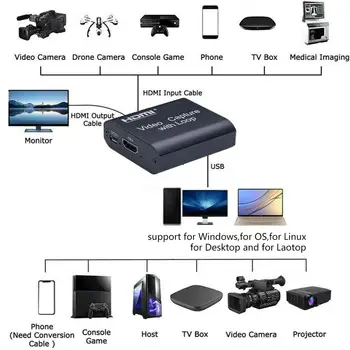 HDMI Video Uztveršanas Kartes Ekrāna Ieraksti USB2.0 1080P Augstas Izšķirtspējas Spēles Capture Streamer Ierīci ar Cilpu