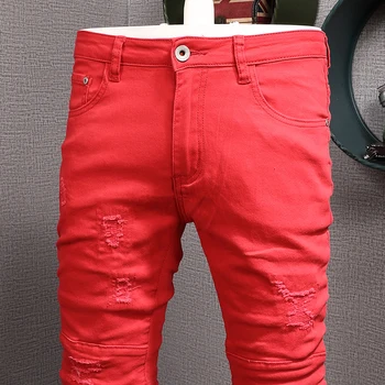 Vasarā Jaunu Vīriešu Red Jeans Gadījuma Plānas Taisni Slim Fit Bikses korejiešu Stilā, Kokvilnas Džinsa Bikses
