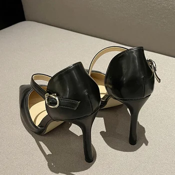 Modes Melnās augstpapēžu kurpes Sieviešu Sandales Sexy Norādīja Toe Sprādzes Siksnas, Sūkņi, Augstas Kvalitātes PU Ādas Dāmas Puses Kurpes Slaidu Mūļu