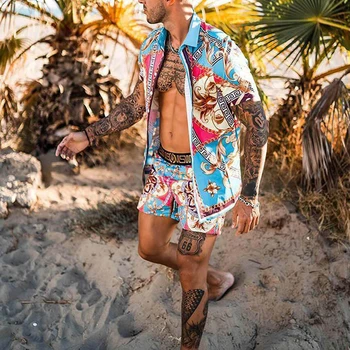 Jauno Modes Vīrieši Havaju Nosaka Vasaras Drukāšanas Īsām Piedurknēm Pogas, Kreklu, Pludmales Šorti Gothic Streetwear Gadījuma Vīriešu Uzvalku 2 Gabali
