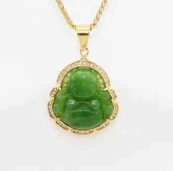 Izsmalcinātu dabas zaļš akmens jauki uzpampis, Maitreja Buda kulons laimes amuletu, sieviešu un vīriešu ikdienas kaklarota