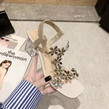 Sandales Sieviešu Vasaras Jaunā Modes Sieviešu Sandales Ir 2021. Ziedi Rhinestone Sandales Pārredzamu Saknes Open Toe Sandales, Kurpes Sieviete