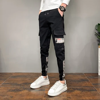 Korejas Slim Fit Vīriešu Harēma Bikses Hip Hop Pavasara Rudens Modes 2021 Maskēties Raibs Sānu Kabatas Gadījuma Bikses Streetwear