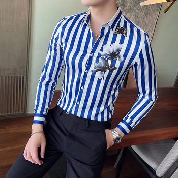 Britu Stils Ilgi Svītrainām Piedurknēm Drukāts Krekls Vīriešu Modes Jauno Slim Fit Gadījuma Kleita Krekls Streetwear Sociālo Pusi, Blūze, Vīriešu