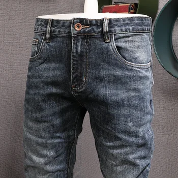Jauna Dizaineru Modes Vīriešu Džinsi Augstas Kvalitātes Retro Vintage Blue Elastīgs Slim Jeans Vīriešu Nodiluši Nulles Gadījuma Kokvilnas Džinsa Bikses