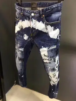 Džinsa Bikses Dizaina Atdzist No Augšas Džinsi Vīriešu Slim Jeans Džinsa Bikses Blue Hole Bikses, Džinsi Vīriešiem A136