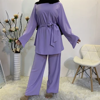 Nidas Ilgi Plašu Elsas Uzvalks Sievietēm Musulmaņu Matching 2 Gab Modes Uzstādīt Kaklasaiti Jostasvietā Tīrtoņa Krāsu Garām Piedurknēm Islāma Dubaija Turcija Valkā