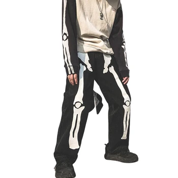 Vīrieši Galvaskausa Modelis Lielgabarīta Melnās Džinsa Bikses Ir 2021. Džinsa Vīriešiem Streetwear Hip-Hop Harēma Bikses Augsta Vidukļa Džinsus Halloween (Dungriņi)